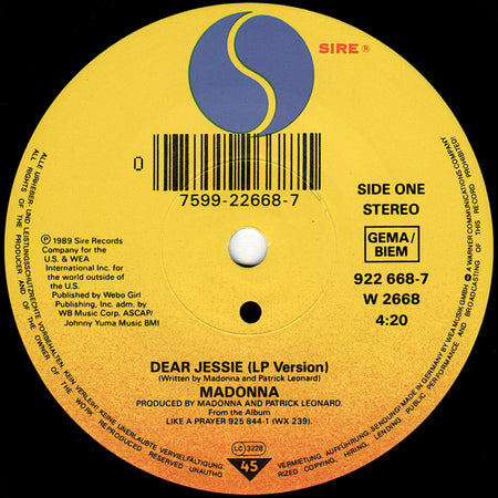 Madonna : Dear Jessie (7", Single, Sol)
