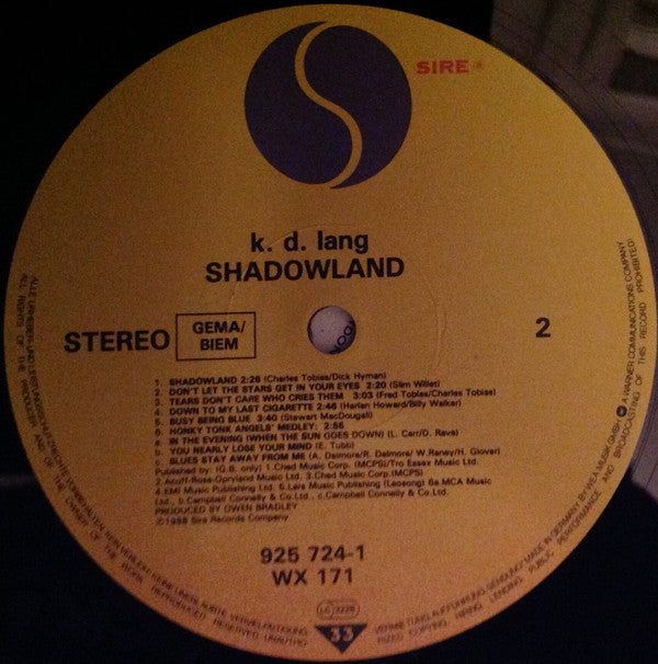 k.d. lang : Shadowland (The Owen Bradley Sessions) (LP, Album)