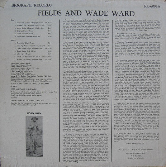 Fields Ward And Wade Ward : Country Music Fields And Wade Ward - Recorded In Galax Virginia (LP, Album)