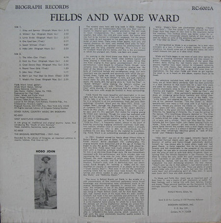 Fields Ward And Wade Ward : Country Music Fields And Wade Ward - Recorded In Galax Virginia (LP, Album)