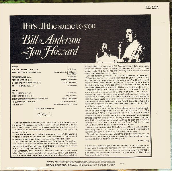 Bill & Jan : If It's All The Same To You (LP, Album, Pin)
