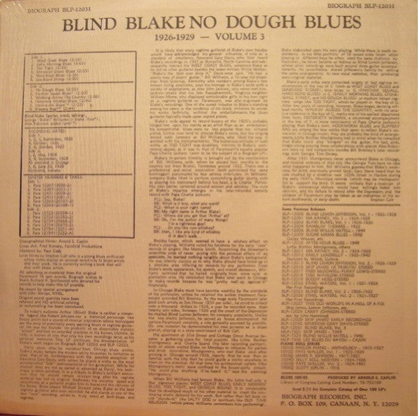 Blind Blake : No Dough Blues 1926-29 (Volume 3) (LP, Comp, RM)