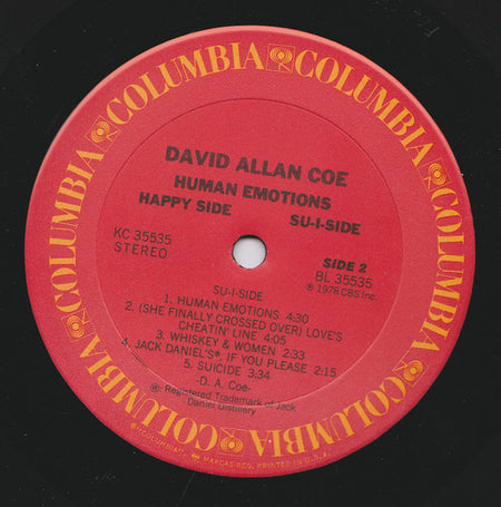 David Allan Coe : Human Emotions (Happy Side/Su-I-Side) (LP, Album)