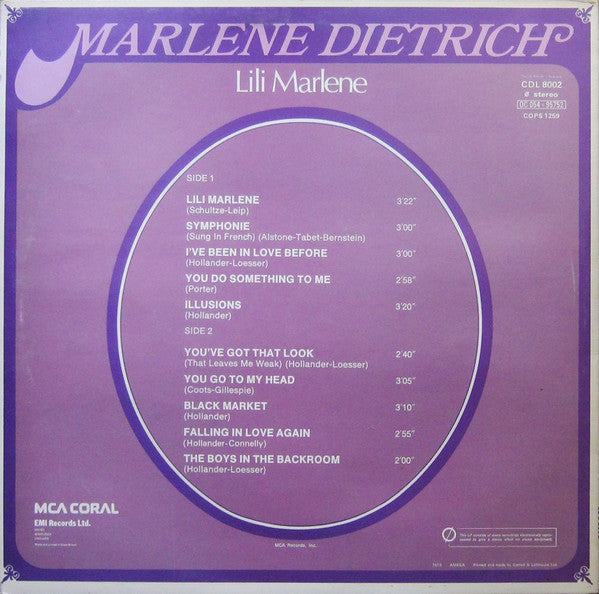 Marlene Dietrich : Lili Marlene (LP, Album, Comp, RE)