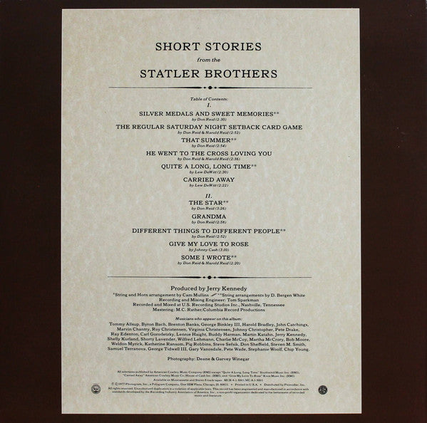The Statler Brothers : Short Stories (LP, Album, Pit)