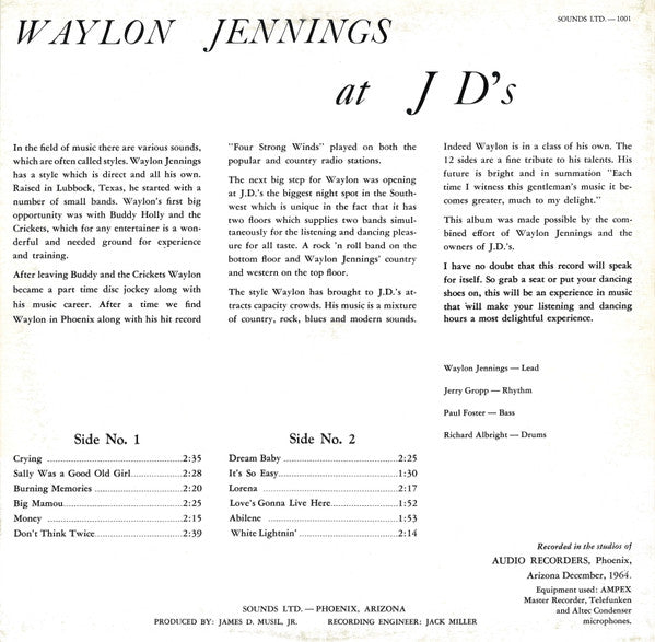 Waylon Jennings : At JD's (LP, Album, Mono, RP)
