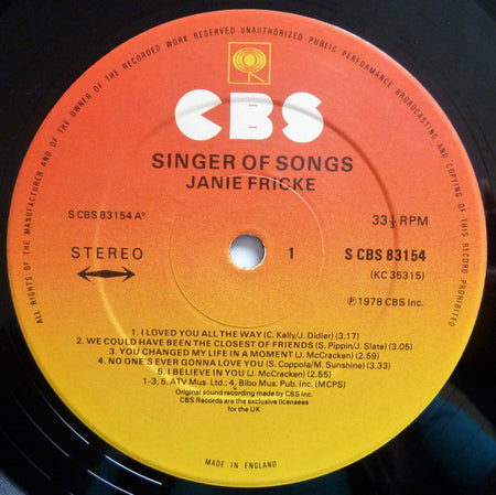 Janie Fricke : Singer Of Songs (LP, Album)