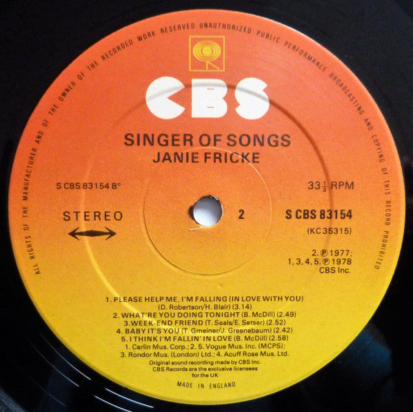 Janie Fricke : Singer Of Songs (LP, Album)