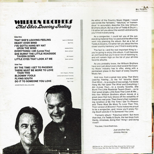 The Wilburn Brothers : That She's Leaving Feeling (LP, Album, Glo)