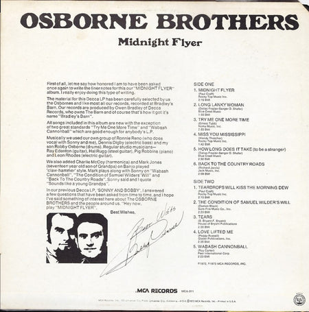 The Osborne Brothers : Midnight Flyer (LP, Album, Pin)