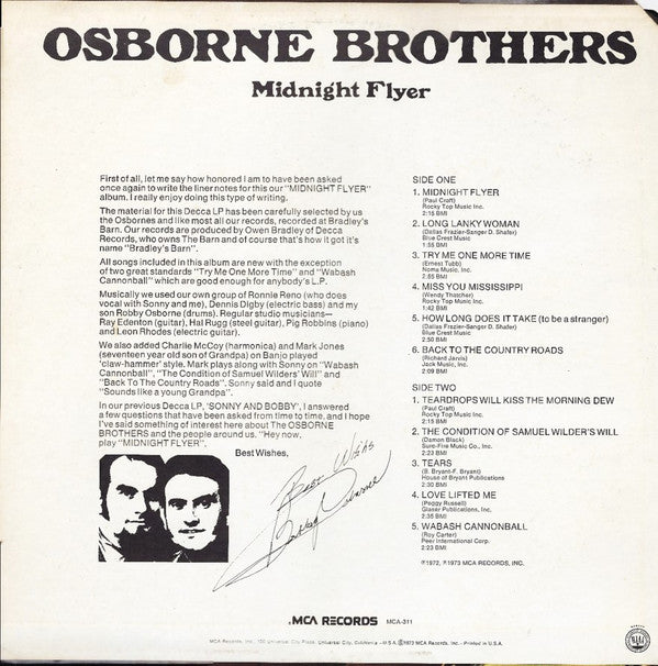 The Osborne Brothers : Midnight Flyer (LP, Album, Pin)