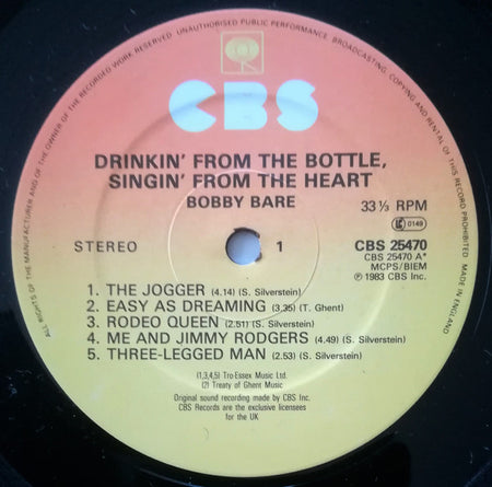 Bobby Bare : Drinkin' From The Bottle Singin' From The Heart (LP, Album)