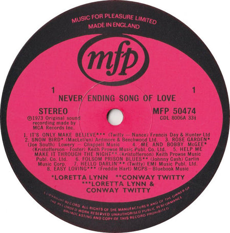 Loretta Lynn & Conway Twitty, Conway Twitty & Loretta Lynn : Never Ending Song Of Love (LP, Comp, RE, RP)