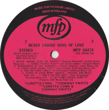 Loretta Lynn & Conway Twitty, Conway Twitty & Loretta Lynn : Never Ending Song Of Love (LP, Comp, RE, RP)