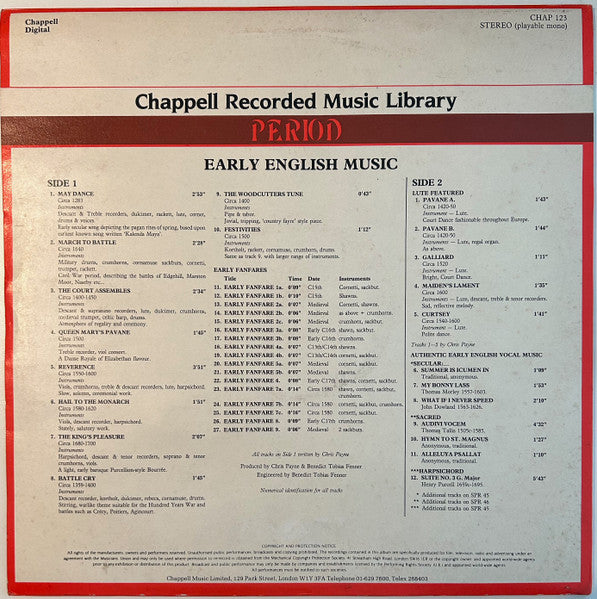 Chris Payne (2) : Early English Music (LP)