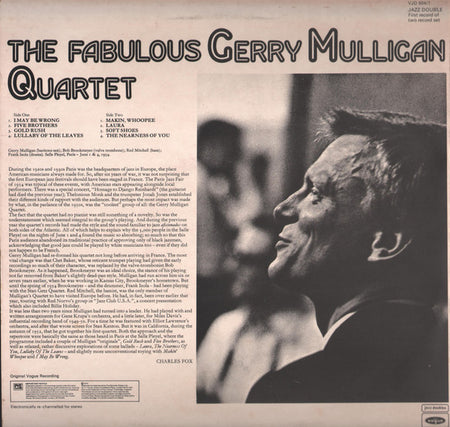 The Fabulous Gerry Mulligan Quartet* : The Fabulous Gerry Mulligan Quartet (2xLP, Comp, RE, Ele)