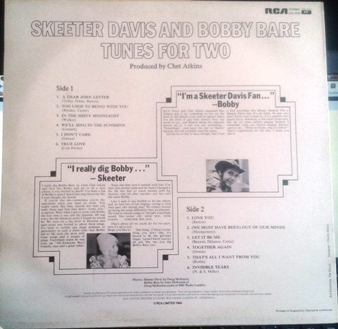 Skeeter Davis and Bobby Bare : Tunes For Two (LP, Album, RE)