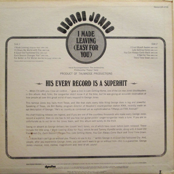 George Jones (2) : I Made Leaving (Easy For You) (LP, Album, Ind)