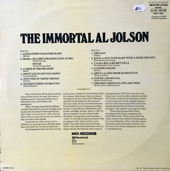 Al Jolson : The Immortal Al Jolson  (LP, Comp, Mono)