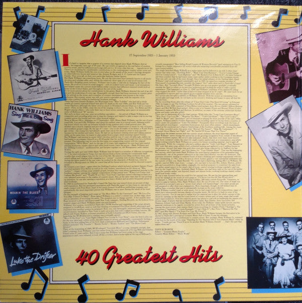 Hank Williams : Hank Williams - 40 Greatest Hits (2xLP, Comp, Mono, Gat)