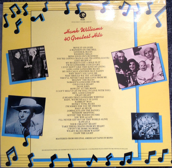 Hank Williams : Hank Williams - 40 Greatest Hits (2xLP, Comp, Mono, Gat)