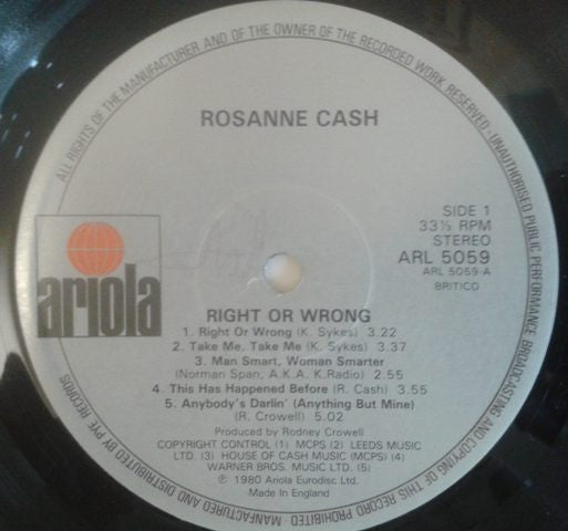 Rosanne Cash : Right Or Wrong (LP, Album)