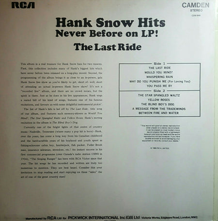 Hank Snow : The Last Ride (LP, Comp, RE)