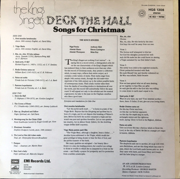 The King's Singers : Deck The Hall - Songs For Christmas (LP, Album)