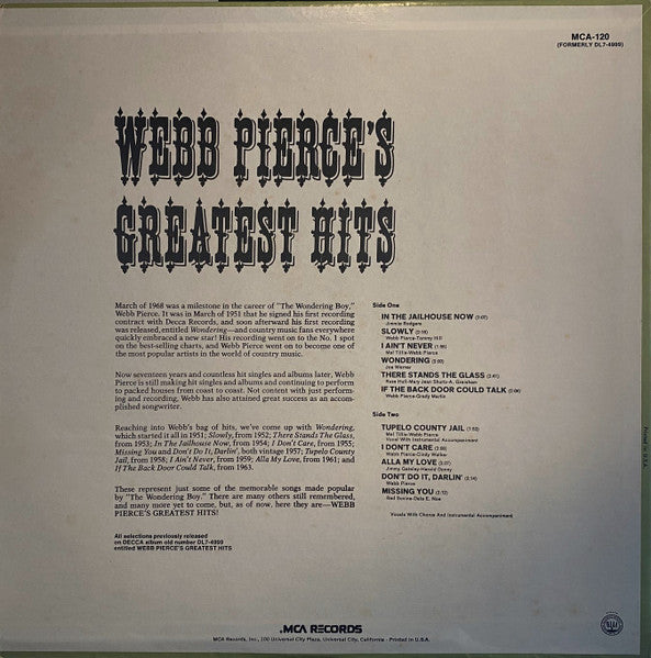 Webb Pierce : Webb Pierce's Greatest Hits (LP, RE)