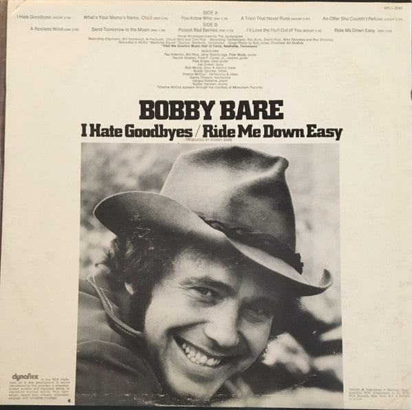 Bobby Bare : I Hate Goodbyes / Ride Me Down Easy (LP, Album, Dyn)