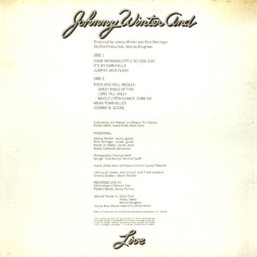 Johnny Winter And : Live Johnny Winter And (LP, Album, RE)
