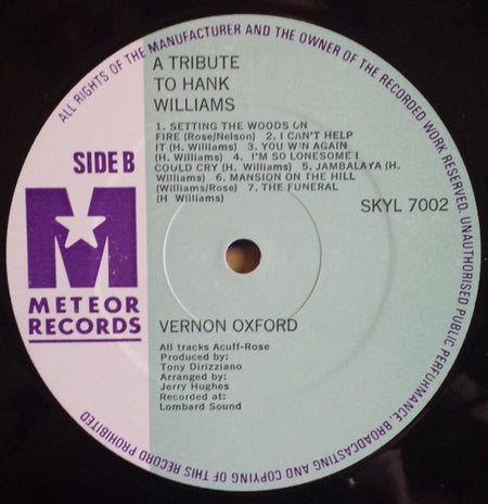 Vernon Oxford : A Tribute To Hank Williams (LP, Album)