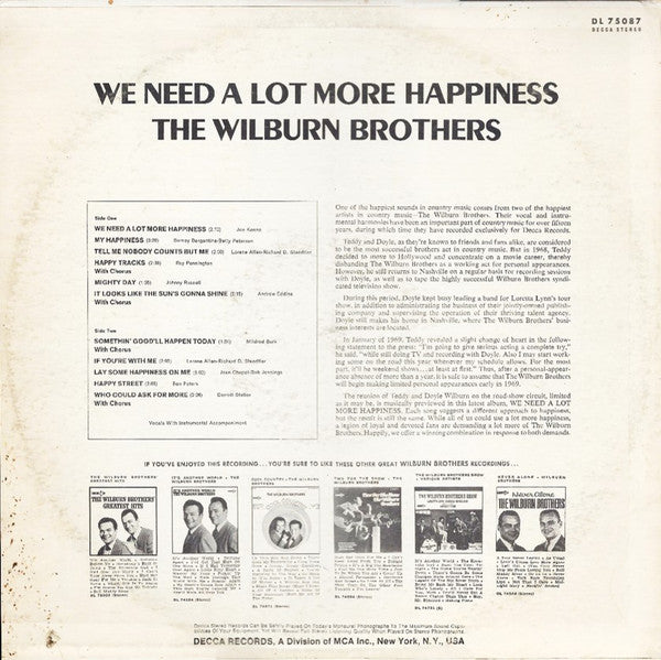 The Wilburn Brothers : We Need A Lot More Happiness (LP, Album, Glo)