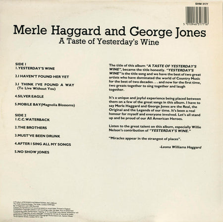 Merle Haggard And George Jones (2) : A Taste Of Yesterdays Wine (LP, Album)