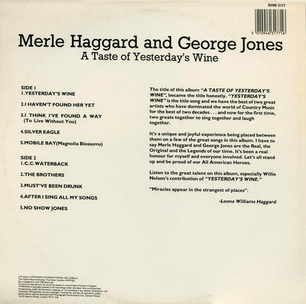 Merle Haggard And George Jones (2) : A Taste Of Yesterdays Wine (LP, Album)