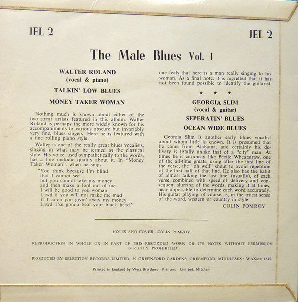 Walter Roland And Georgia Slim : The Male Blues Vol. 1 (7", Comp, Mono)