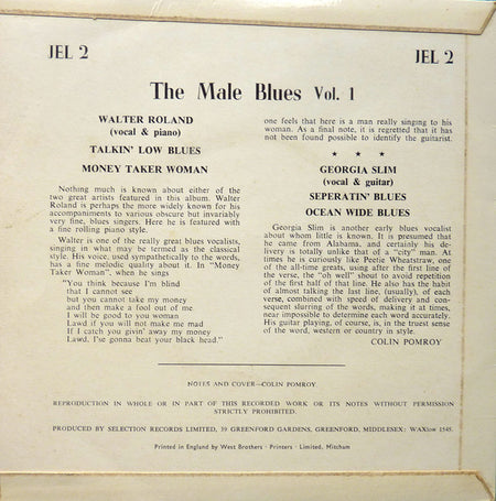 Walter Roland And Georgia Slim : The Male Blues Vol. 1 (7", Comp, Mono)