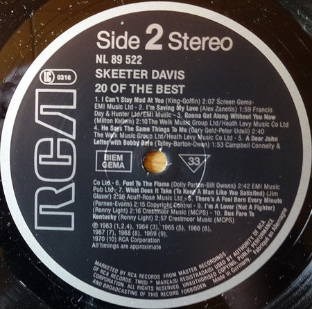 Skeeter Davis : 20 Of The Best (LP, Comp)