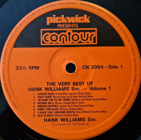 Hank Williams : The Very Best Of Hank Williams Snr Volume One (LP, Comp)
