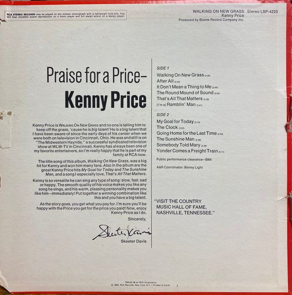 Kenny Price : Walking On New Grass (LP, Album)