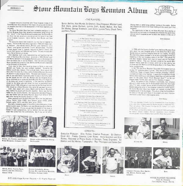Stone Mountain Boys : Stone Mountain Boys Reunion Album (LP, Album)