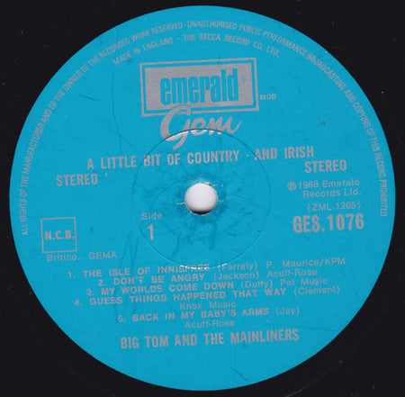 Big Tom And The Mainliners : A Little Bit Of Country - And Irish (LP, Album, RE)