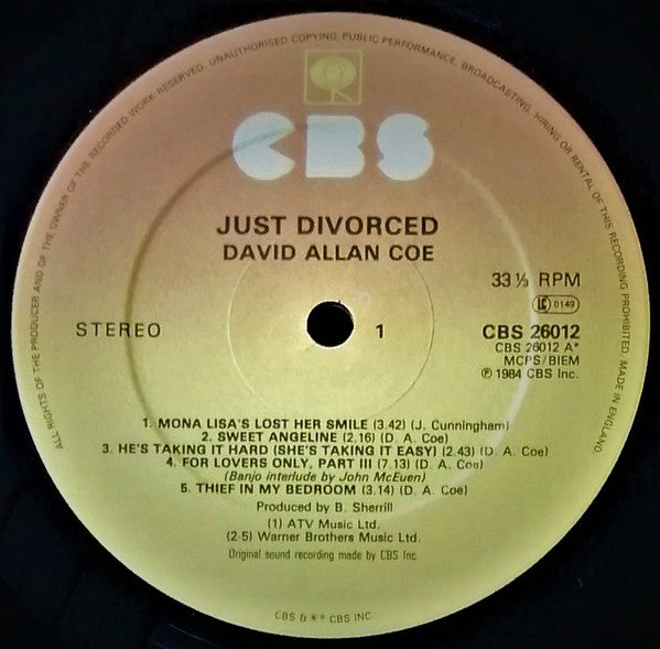 David Allan Coe : Just Divorced (LP, Album)