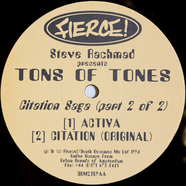 Steve Rachmad Presents Tons Of Tones : Citation Saga (Part 2 Of 2) (12")