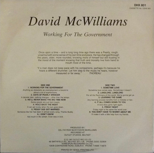 David McWilliams : Working For The Government (LP, Album)