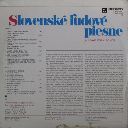 Ľudová Hudba Eugena Farkaša : Slovenské Ľudové Piesne = Slovak Folk Songs (LP, Album, RP)