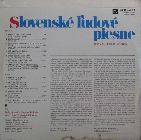 Ľudová Hudba Eugena Farkaša : Slovenské Ľudové Piesne = Slovak Folk Songs (LP, Album, RP)
