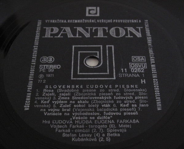 Ľudová Hudba Eugena Farkaša : Slovenské Ľudové Piesne = Slovak Folk Songs (LP, Album, RP)