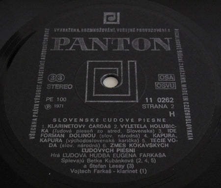 Ľudová Hudba Eugena Farkaša : Slovenské Ľudové Piesne = Slovak Folk Songs (LP, Album, RP)