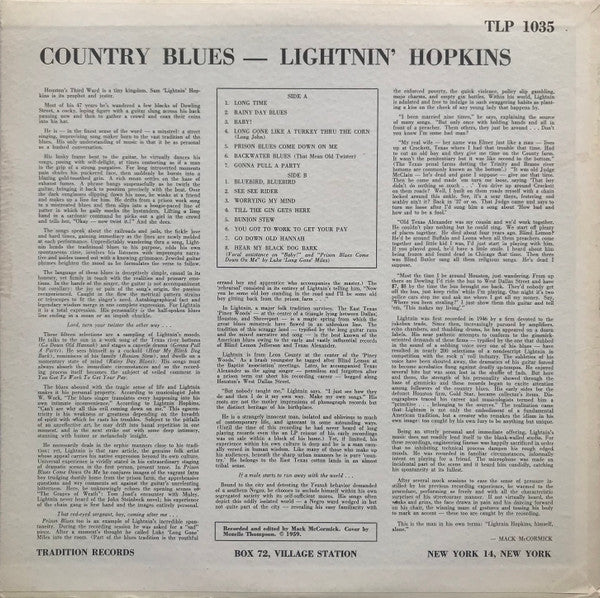 Lightnin' Hopkins : Country Blues (LP, Album, Mono)